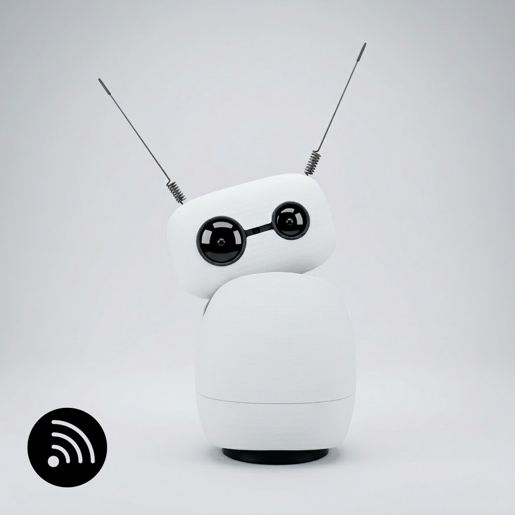 Reachy Mini Wireless, robot de bureau blanc à deux antennes